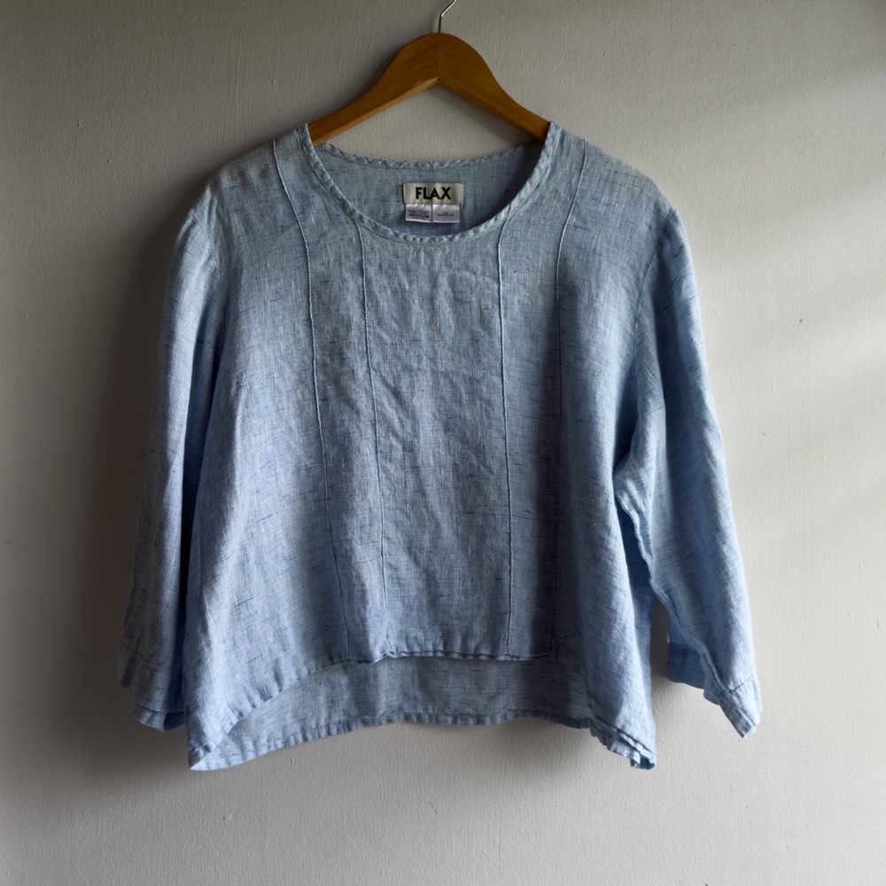 Flax Pintuck 100% Linen Pullover Top Women Medium Blue Coastal Lagenlook Boxy
